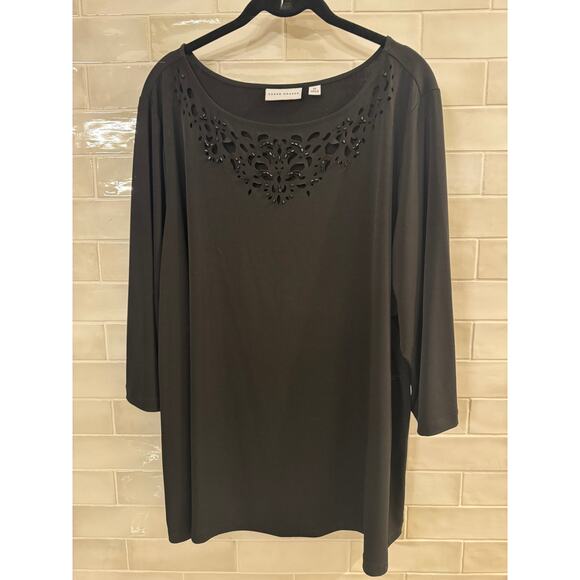 Susan Graver Black Top Women’s 2X Cutout Beaded Detail 3/4 Sleeve - Picture 1 of 4